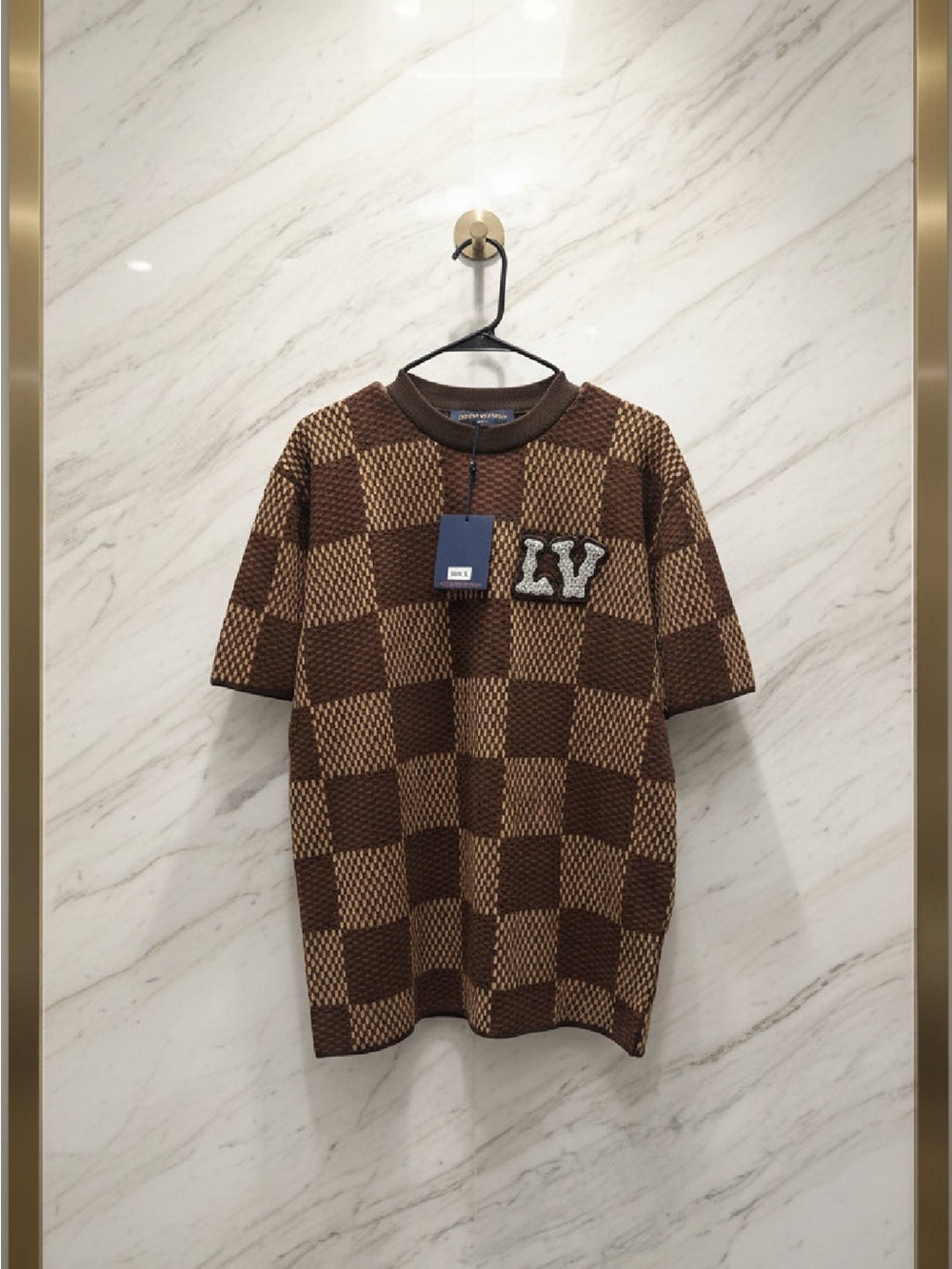 LV Brown Checkerboard Knit Short Sleeve Shirt NWT